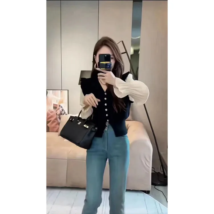 韩系荷叶边泡泡袖V领时尚针织开衫女2025秋季新款洋气假两件女潮