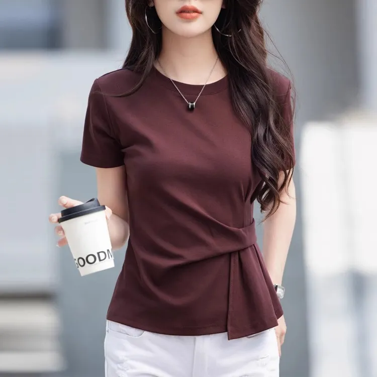 纯棉短袖T恤女2025夏季新款不规则遮肚子洋气女士设计感气质上衣