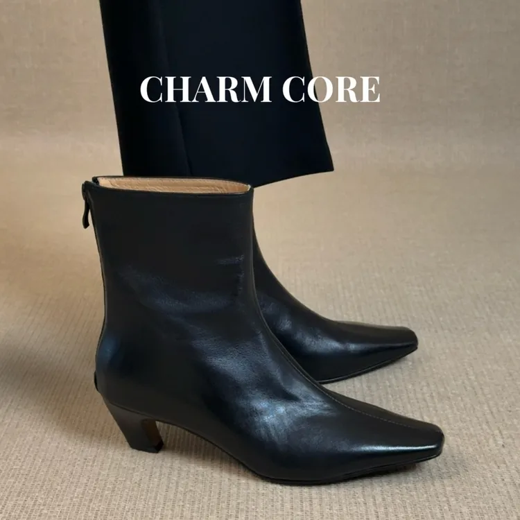 CHARM CORE方头尖头女鞋34-40跟高5cm粗跟短靴女极简百搭真皮靴子
