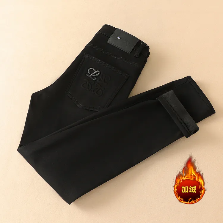 NIPEHUEIN尼皮怀恩潮牌男士加绒黑色修身牛仔裤冬季新品磨毛休闲 