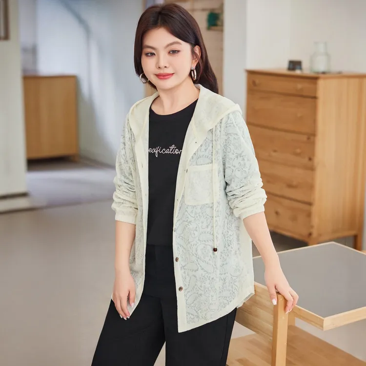 【现货-提花针织开衫】MsShe大码女装秋显瘦宽松连帽外套女C2508032
