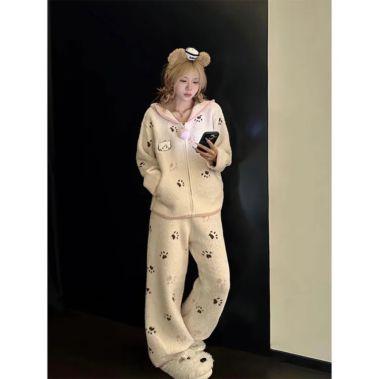 可爱软萌小狗爪印半边绒睡衣女秋冬季新款针织保暖加厚家居服套装
