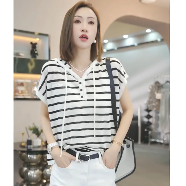 熙薇【斑马条纹】2025春夏季新款时尚气质休闲毛衣帽衫H1875薄款潮