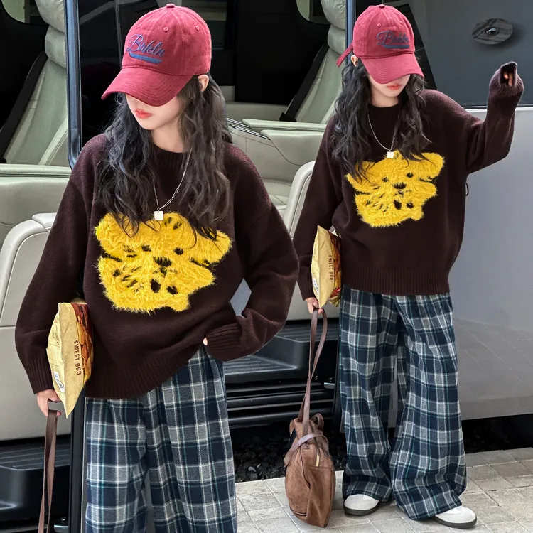 女童春秋款毛衣套装2025新款中大童6-12洋气时髦休闲格子裤两件套