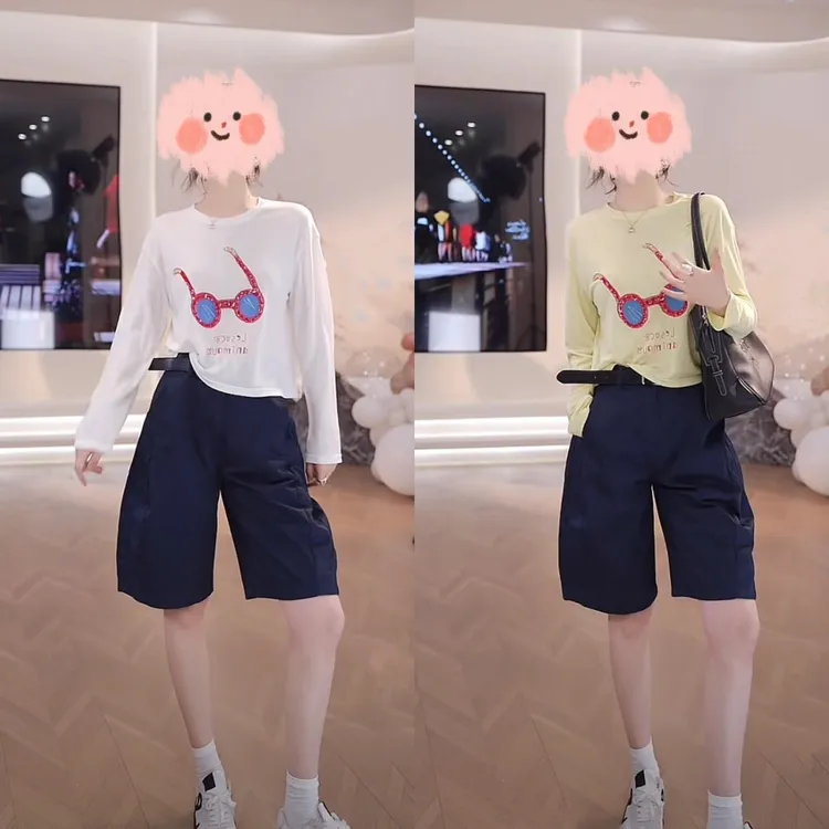 夏季韩版眼镜印花舒适透气薄款防晒T恤显瘦水洗牛仔五分裤两件套