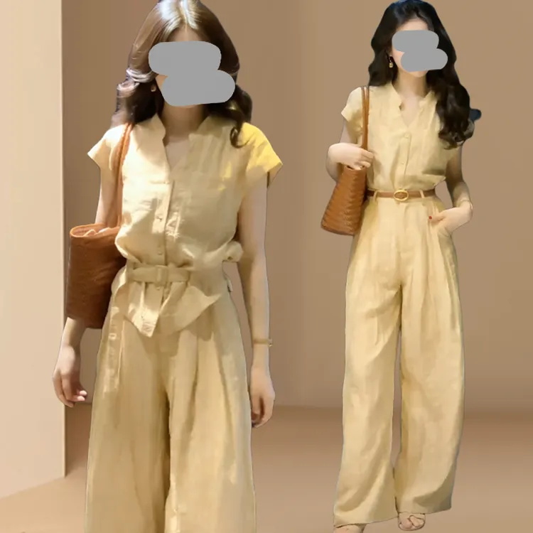 韩系夏日穿搭一整套小个子独特漂亮通勤休闲黄色短袖衬衫裤子套装