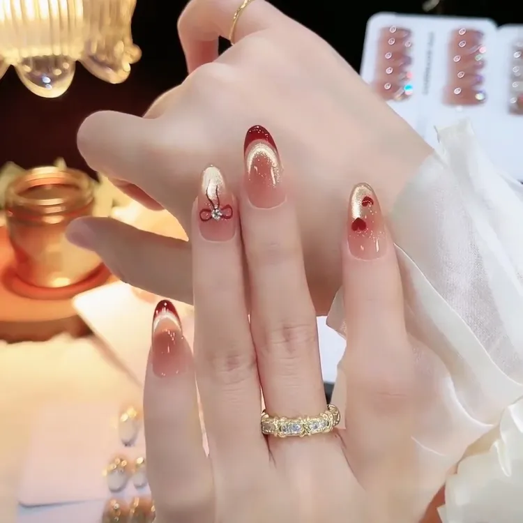 【酒红密语】纯手工穿戴甲显白气质高级纯手作美甲贴片10片装