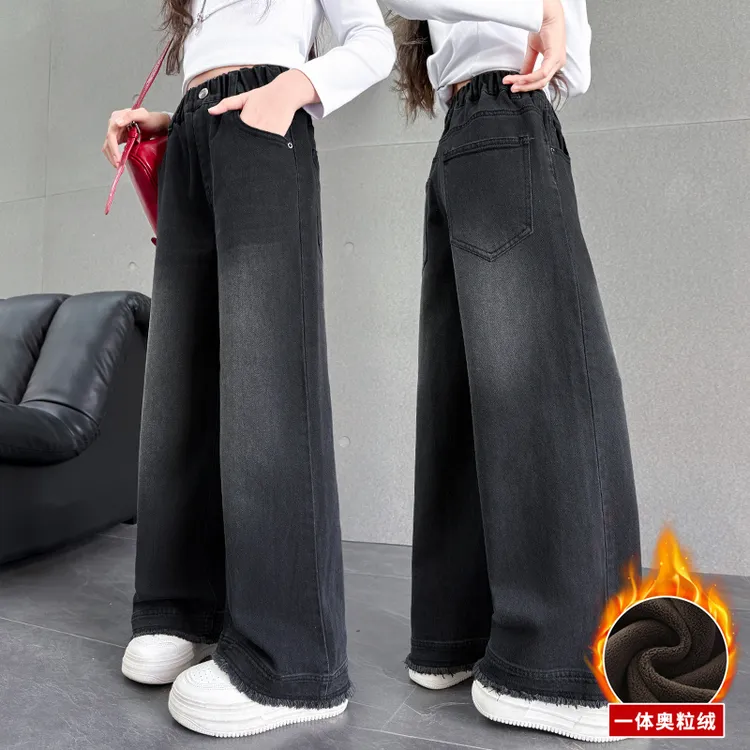 女童加绒裤子2025秋冬新款牛仔裤中大童冬季加厚女大童牛仔喇叭裤