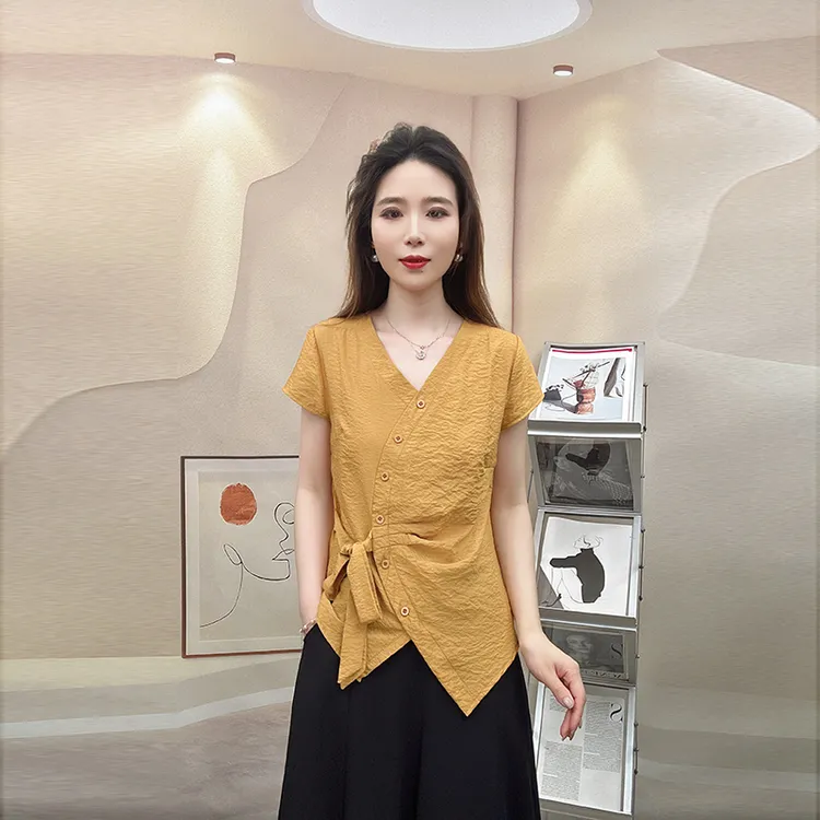 2025夏季新款绑带不规则短袖T恤女法式洋气衣服小众时尚纯色流苏