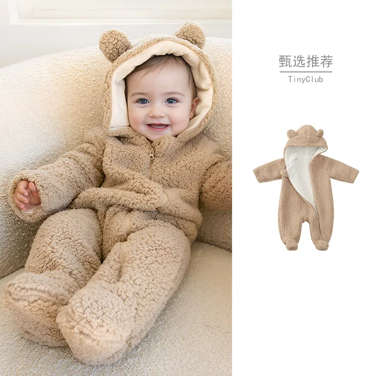 北欧风冬装宝宝加绒连帽爬服婴儿拉链保暖连体衣幼儿加厚包脚抱服