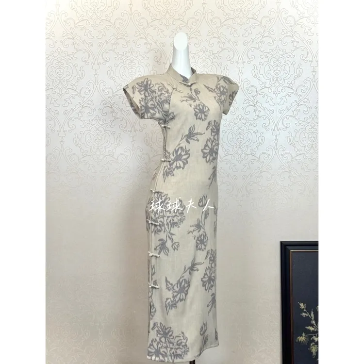 球球夫人丨杉山）122cm早秋新品双色单层全开襟素雅日常可穿旗袍
