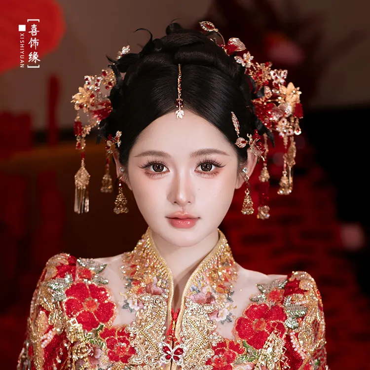 中式新娘头饰高级感红金水凝花朵发簪秀禾服龙凤褂结婚发饰HZ1293
