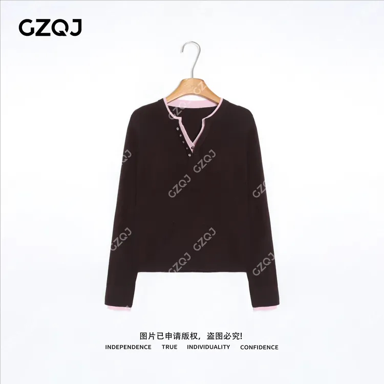 老琴私服【撞色亨利】琥珀流光风绵羊毛撞色针织衫毛衣女秋冬款8293