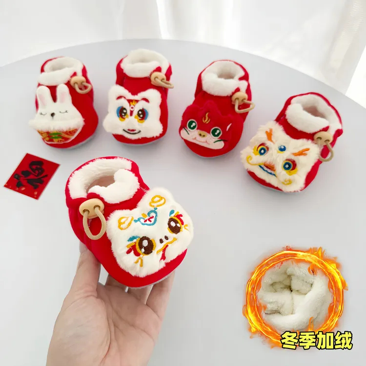 婴幼儿鞋子冬季加绒加厚鞋袜新生儿不掉跟鞋虎头鞋宝宝保暖软底鞋