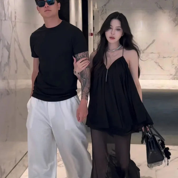 法式V领吊带背心夏季新款气质雪纺无袖上衣女+网纱中长款半身裙