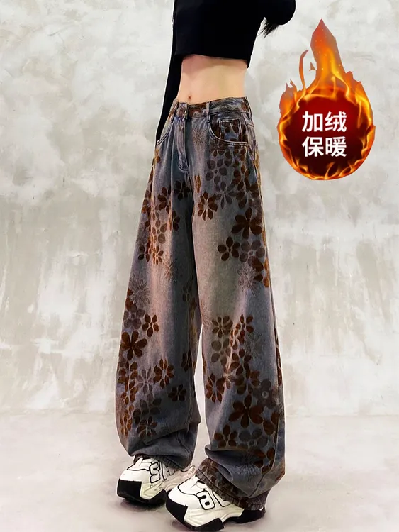 美式复古刺绣加绒加厚提花牛仔裤女2025新款秋季慵懒松弛感弯刀裤