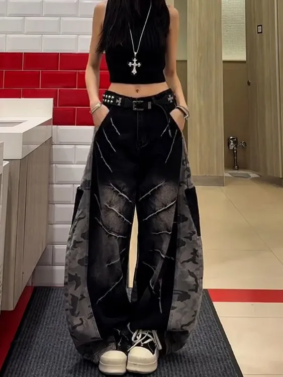美式复古水洗闪电迷彩拼接牛仔裤子女辣妹个性超大口袋拖地弯刀裤