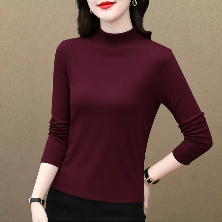 半高领长袖打底衫大码t恤女2025春秋新款显瘦内搭高弹力纯色上衣
