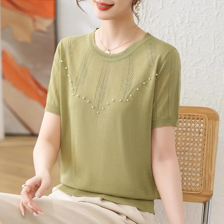 皮尔卡丹2025新款夏季冰丝T恤短袖上衣时尚宽松针织衫中年女士洋