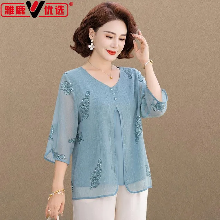 雅鹿优选妈妈夏装短袖雪纺小衫洋气中老年夏季气质遮肚t恤上衣女2