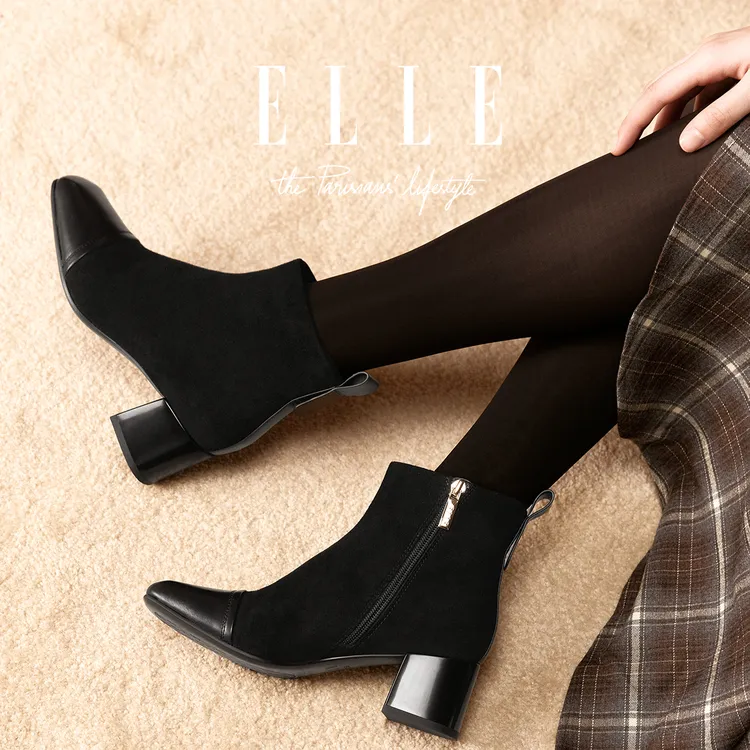 ELLE真皮方头短靴气质瘦瘦靴女2025超火网红裸靴粗跟绒面高跟袜靴