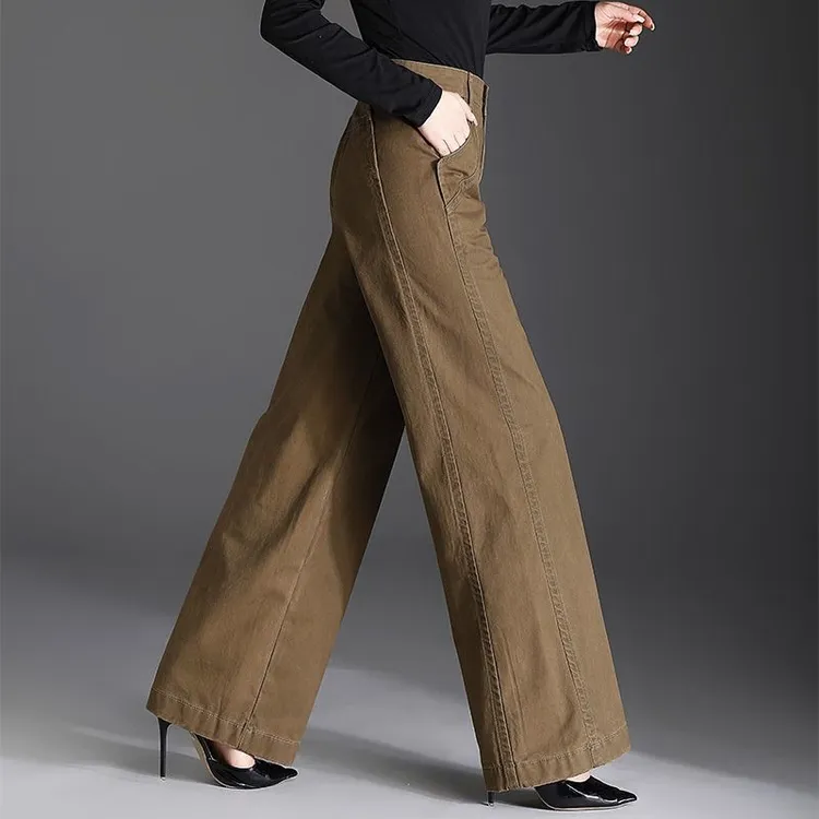 秋冬加绒2025牛仔裤女高腰阔腿裤宽松直筒长裤休闲时尚裤子卡其色