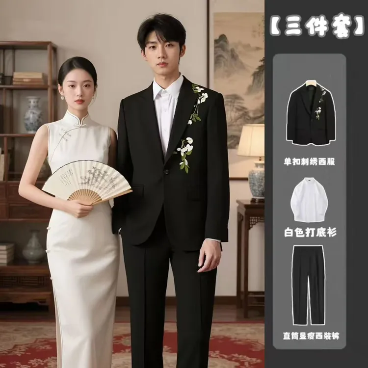 新中式高质量单粒扣植物花卉复古国风西服外套男士订婚婚礼套装