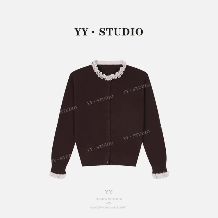 【YANYAN】花边拼接针织衫开衫女秋季新款慵懒风长袖毛衣外套8589