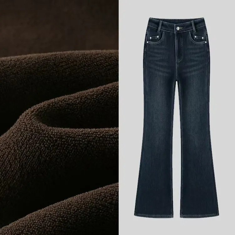 6001秋季复古蓝新款加绒加厚高腰直筒微喇裤喇叭牛仔裤性感风修身