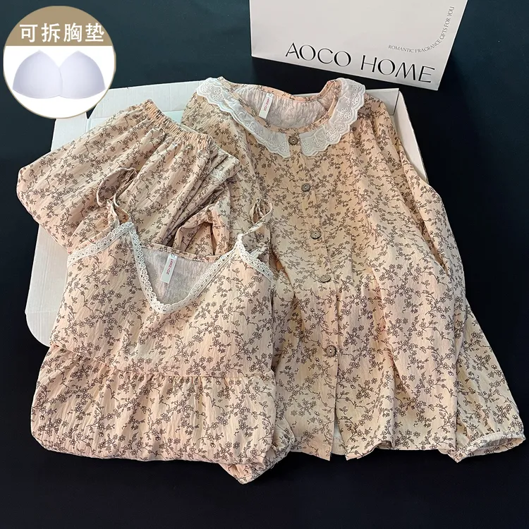 高级感带胸垫睡衣女新款春秋季宽松性感吊带开衫秋冬三件套家居服