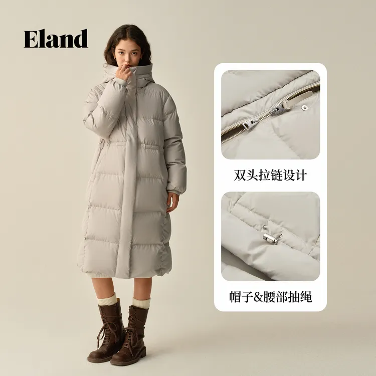 【鹅绒】Eland衣恋羽绒服女纯色中长款直筒连帽保暖外套EEJDF4VE10