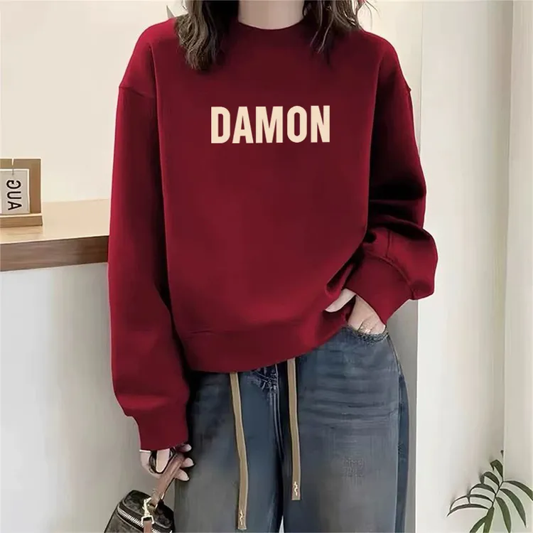 酒红色新款圆领卫衣女宽松休闲洋气时尚百搭加绒加厚上衣秋冬季潮