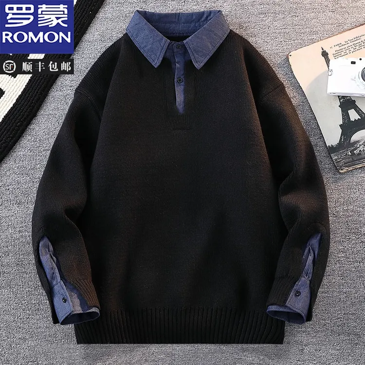 罗蒙秋冬黑色衬衫领假两件毛衣男宽松男士潮牌冬季保暖针织衫男款