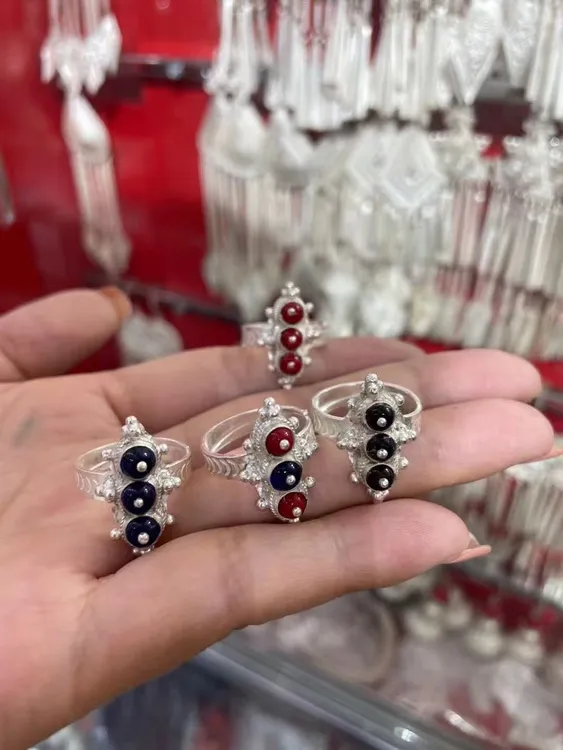 足银戒指 足银黑红色纯手工古法民族风戒指首饰镶嵌复古古风指环