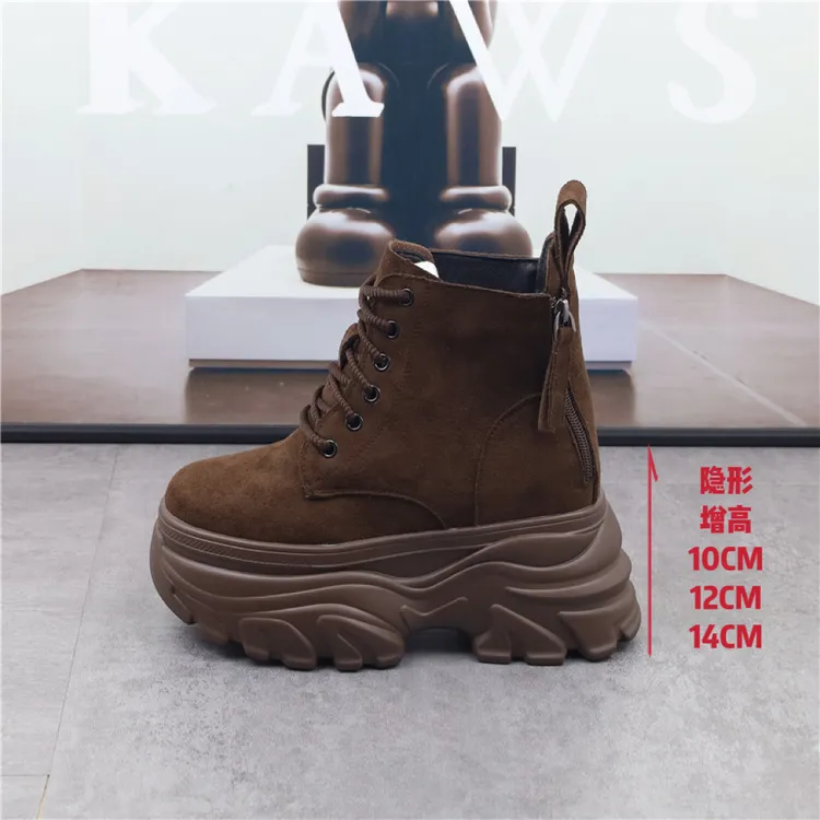内增高14CM马丁靴女小个子厚底12cm复古靴子秋冬加绒超高10cm短靴