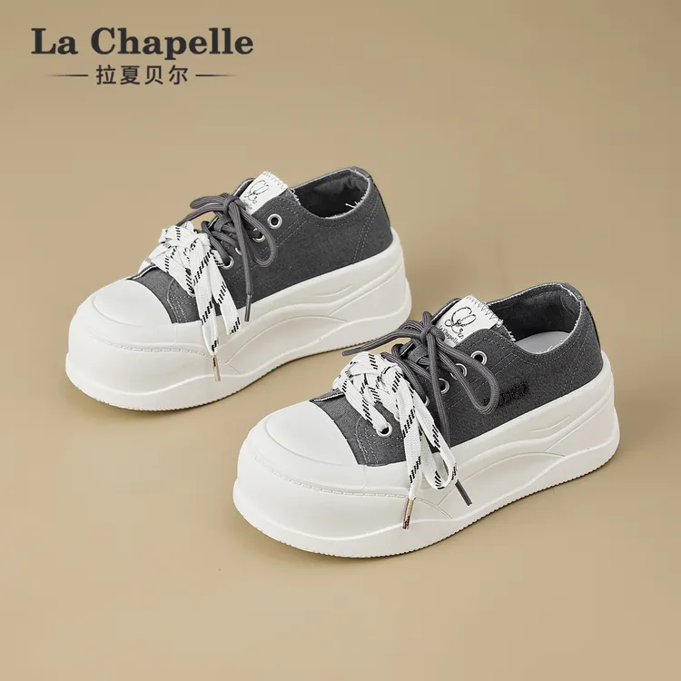 拉夏贝尔厚底帆布鞋女2025冬季新款小个子增高休闲小白鞋面包板鞋