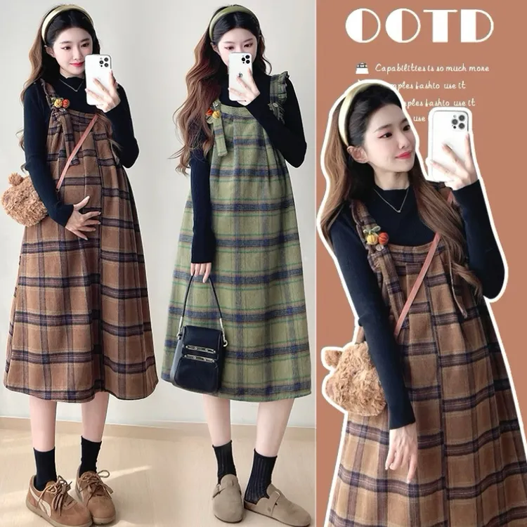 【苏遇婉】2025秋冬新款洋气孕妇装打底衫格子呢子连衣裙时尚两件套