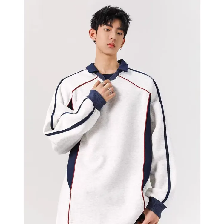 潮牌拼接polo领卫衣男2025新款春秋季宽松大码高街休闲长袖上衣潮