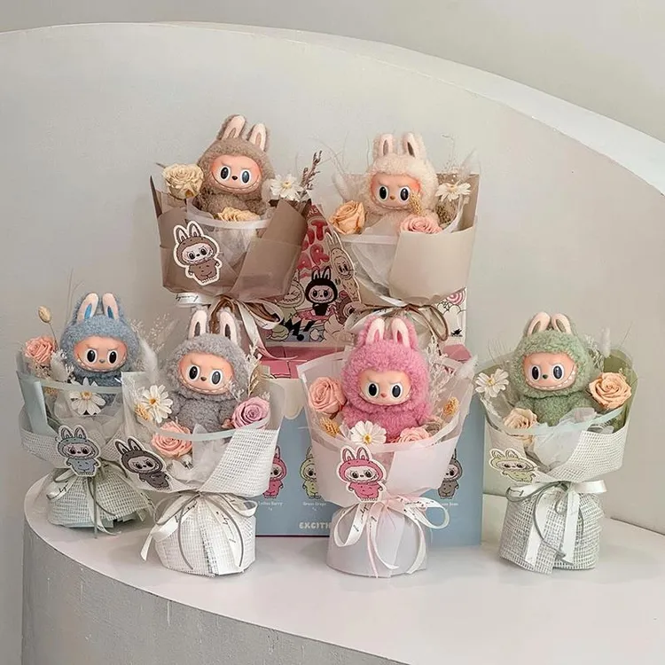 IOSN永生花la玫瑰bubu抱抱桶花束送闺蜜女朋友玩偶仿真香皂花生日