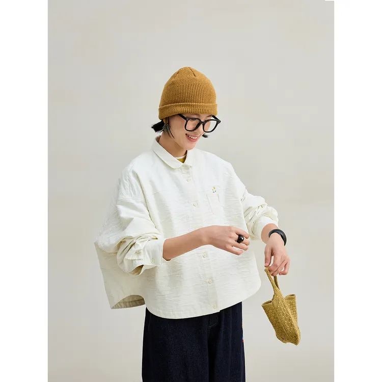 麻霖原创设计女装绵羊毛混纺双层布褶皱肌理感短款绣花衬衫式外套