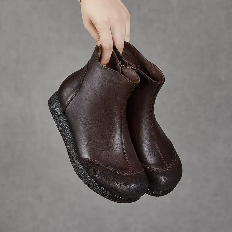 35937-3秋冬季牛皮平底拼色复古手工加绒舒适百搭时尚短靴