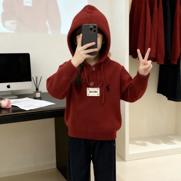 男女童冬季加绒厚款连帽常规加绒宽松刺绣针织12-15岁男童毛衣