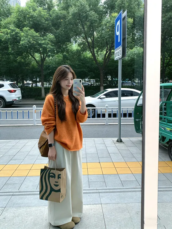 【橘叶落白汀】秋季温柔气质橘色针织套头毛衣上衣减龄白色长裤套装