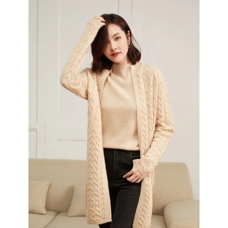 【喜物】2025春秋冬新款100纯羊毛开衫女长袖毛衣外套中长款围巾领