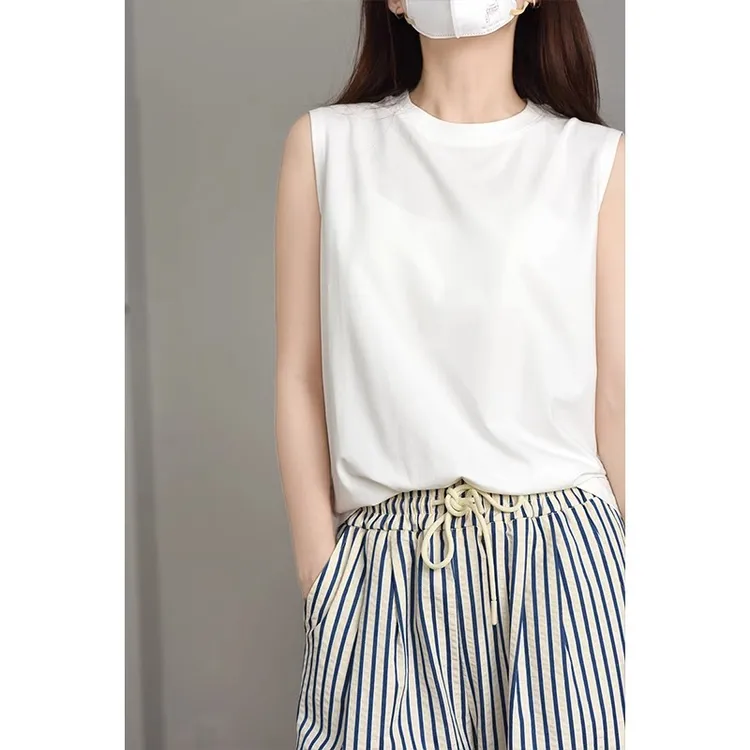 拉夏贝尔打底衫女款爆款透气通勤百搭白色圆领直身无袖背心t恤