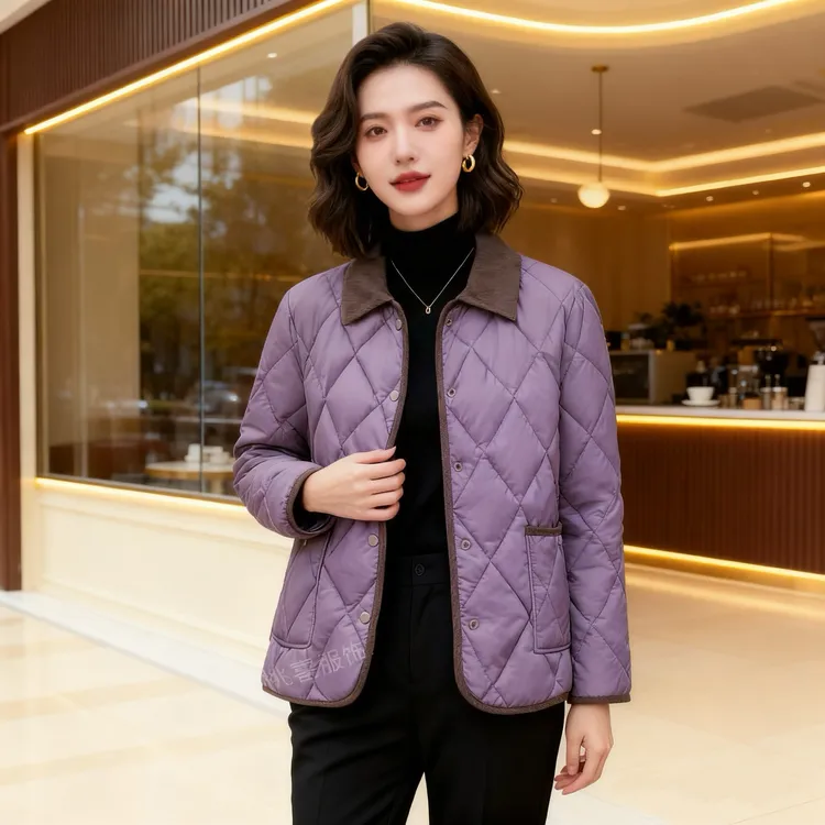 新款翻领常规宽松妈妈棉服休闲女士短款菱形格夹棉网红棉袄【8618】