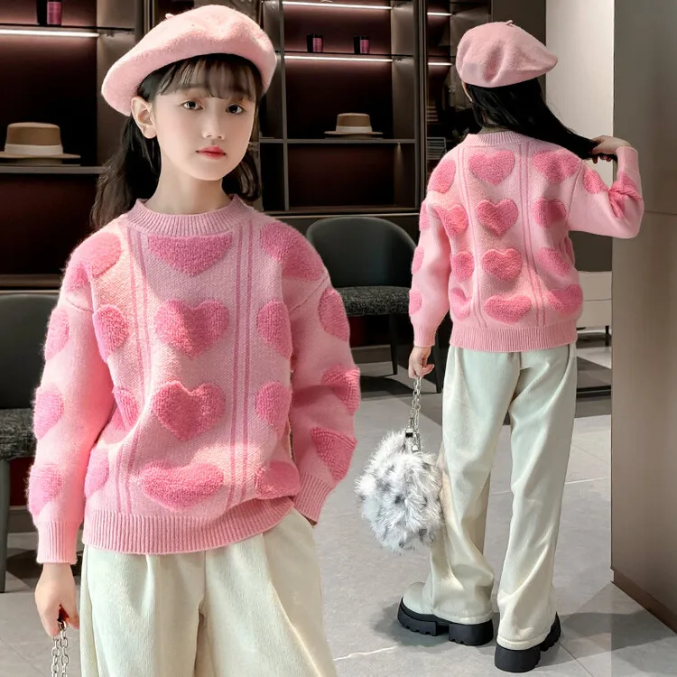 女童秋季新款潮童穿搭3-12岁休闲韩版粉色爱心套头针织毛衣A002
