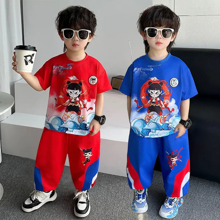 爆款哪吒衣服男童短袖套装夏季2025新款速干儿童夏装两件套男孩潮