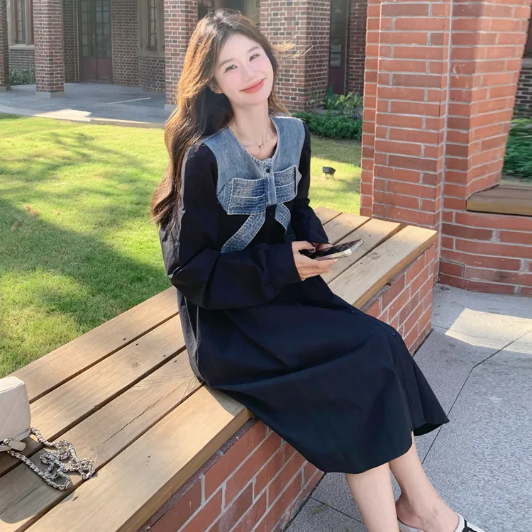 黑色法式蝴蝶连衣裙女秋季2025新款小个子韩版宽松休闲减龄A字裙