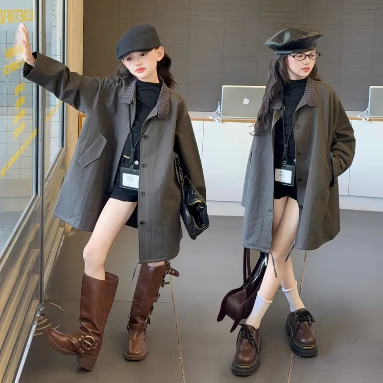 女童韩系风衣外套中长款2025秋季新款6-12岁潮酷中大儿童时髦洋气